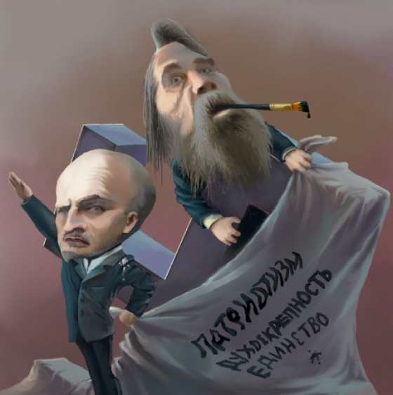 Une affiche des étudiants révoltés: Illin faisant le salut nazi à la gauche, Douguine à droite.